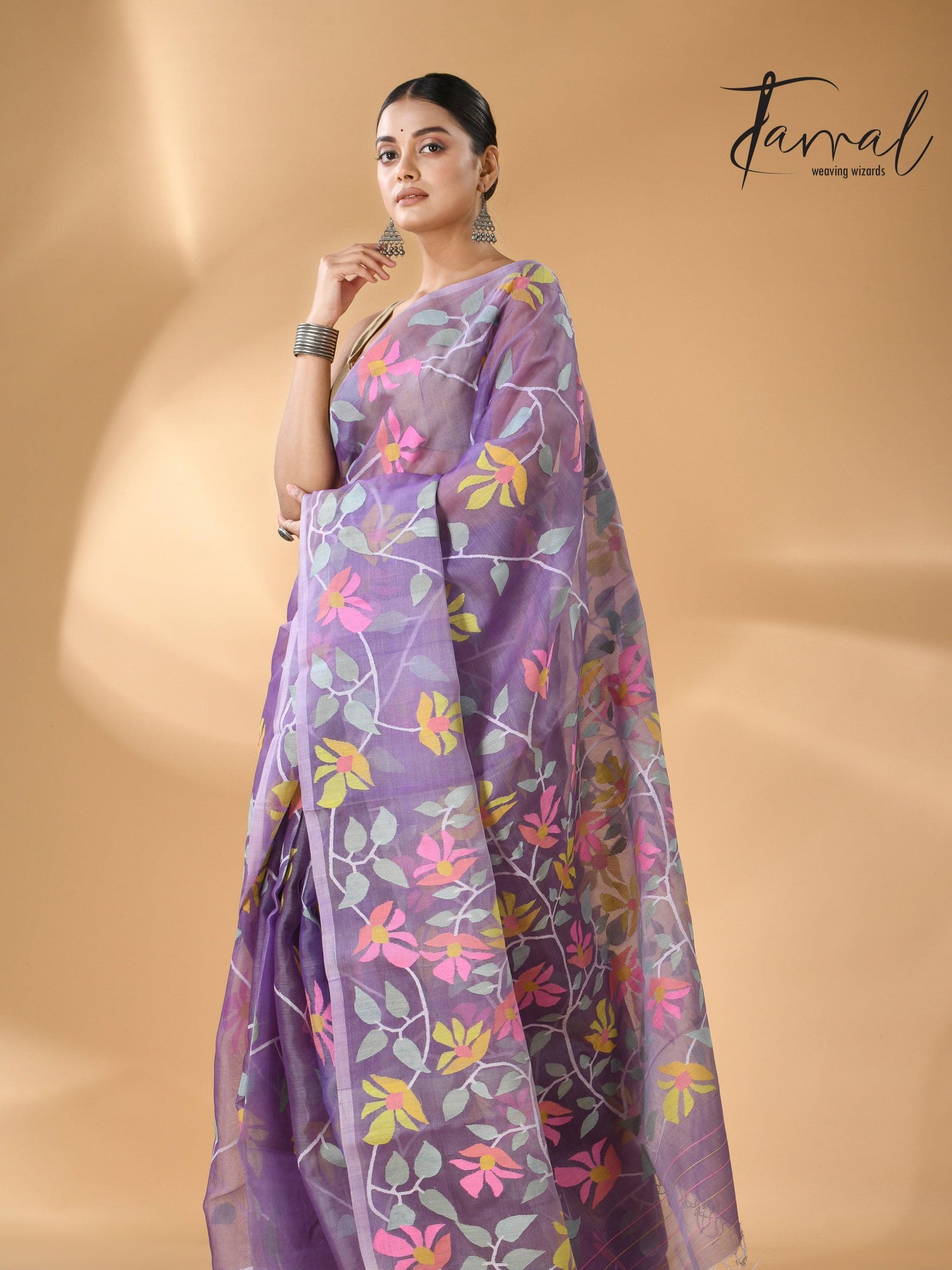 Lavender with multicolour muslin silk allover floral handwoven needle work  jamdani saree - Tamal Boutique