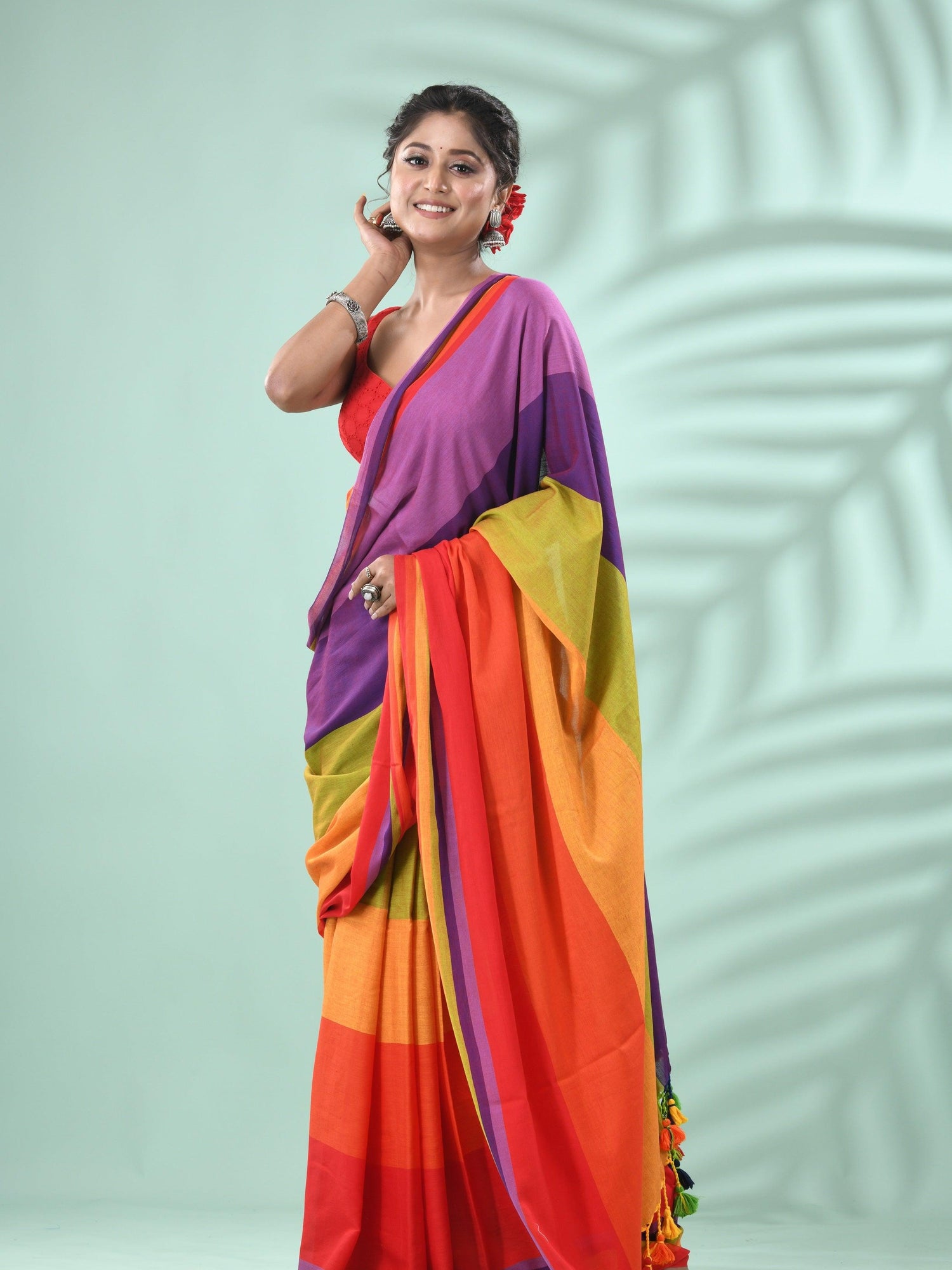 Lavender with multicolour pure mul cotton handloom saree