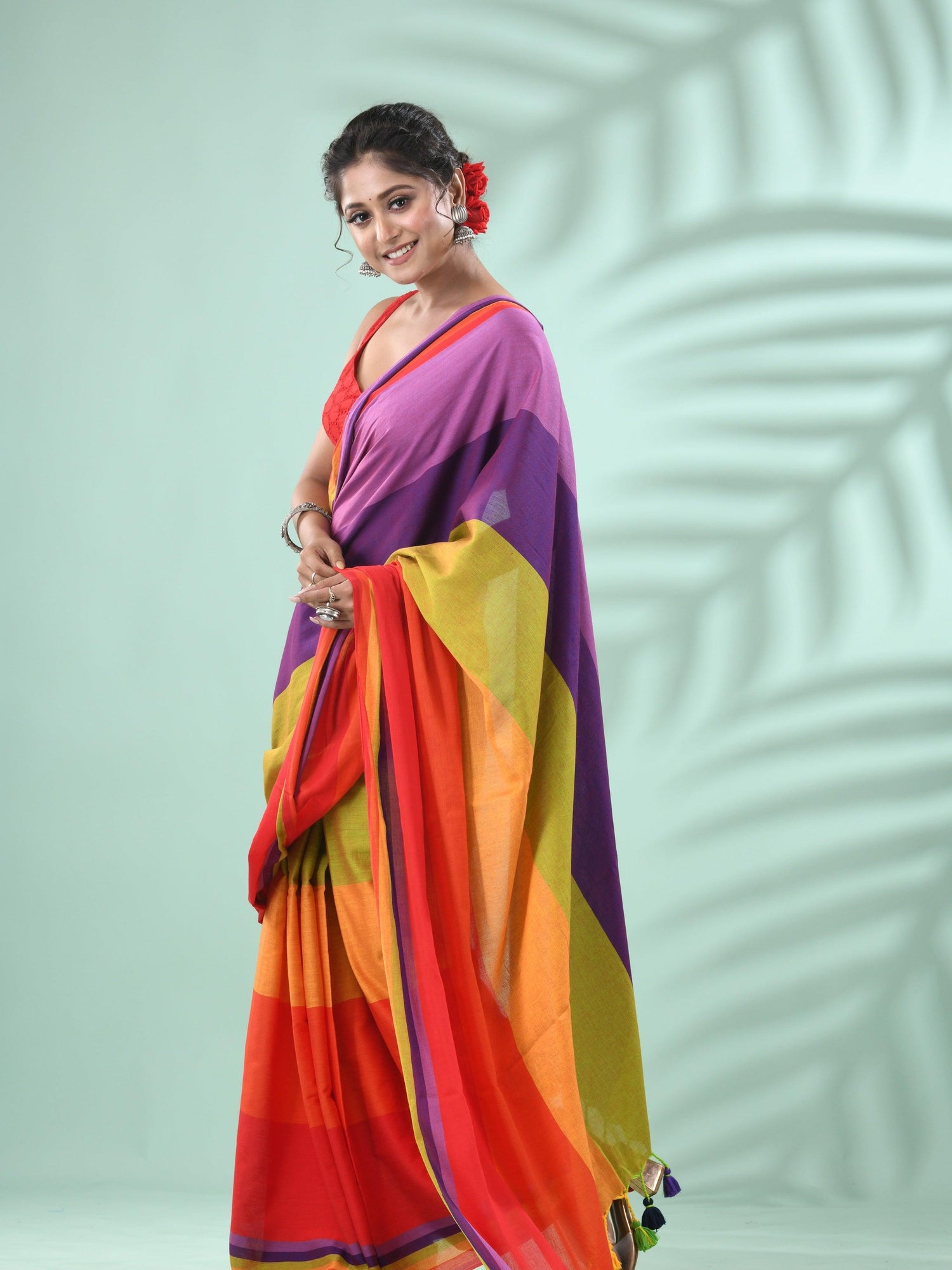 Lavender with multicolour pure mul cotton handloom saree