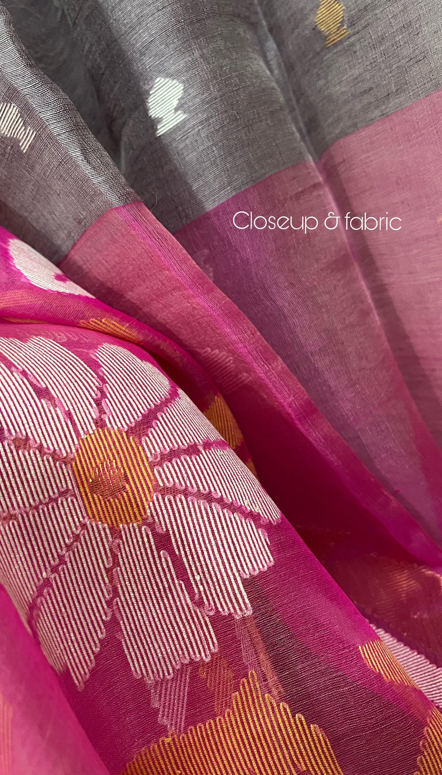 Lavender with hot pink pallu silk linen handwoven jamdani saree - Tamal Boutique