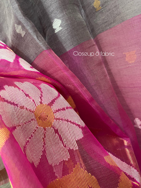 Lavender with hot pink pallu silk linen handwoven jamdani saree - Tamal Boutique