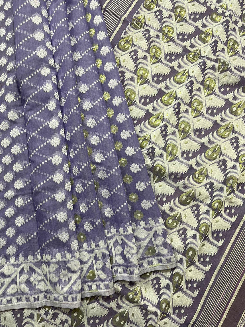Lavender with white soft handloom dhakai jamdani saree - Tamal Boutique