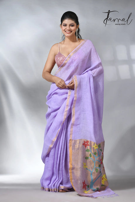 Lavender with zari border paithani pallu linen jamdani saree