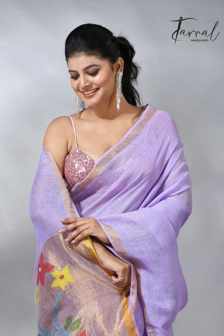 Lavender with zari border paithani pallu linen jamdani saree