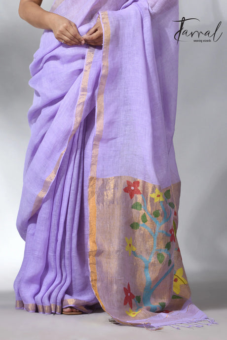 Lavender with zari border paithani pallu linen jamdani saree