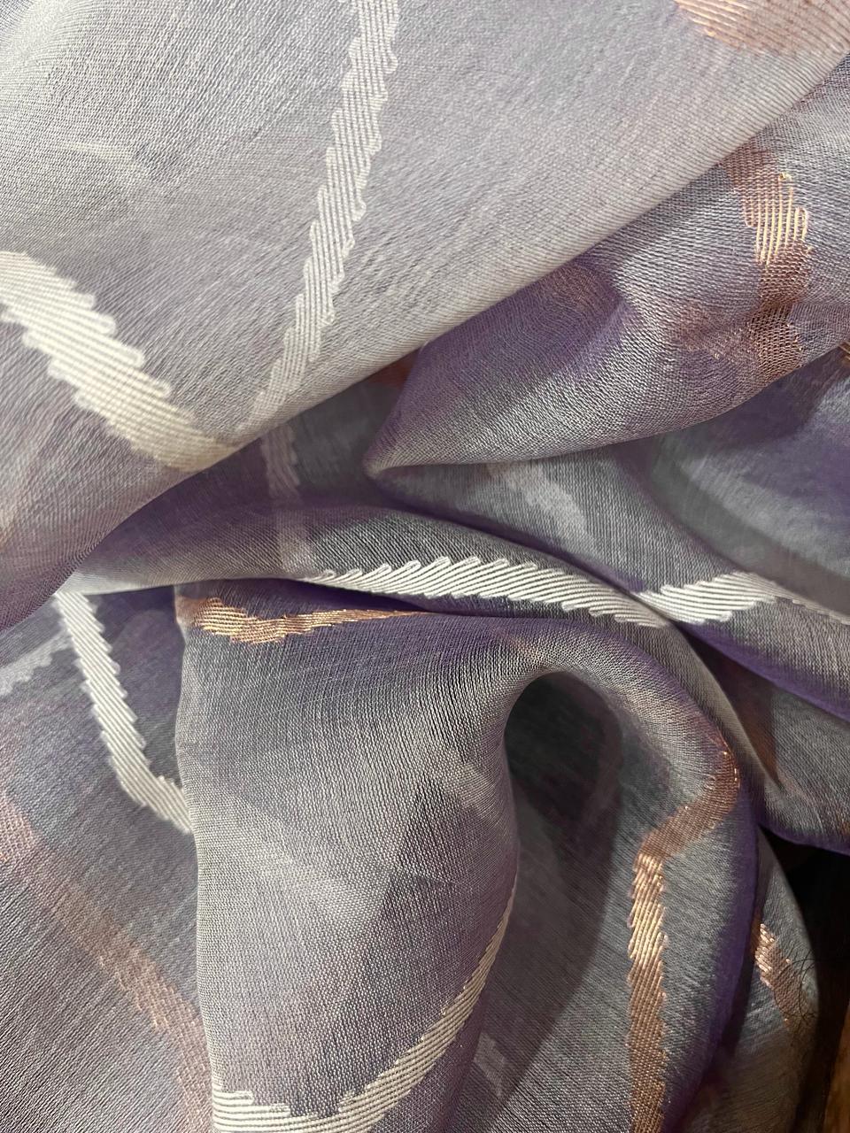 Lavender colour half silk & half linen temple border handwoven jamdani saree - Tamal Boutique