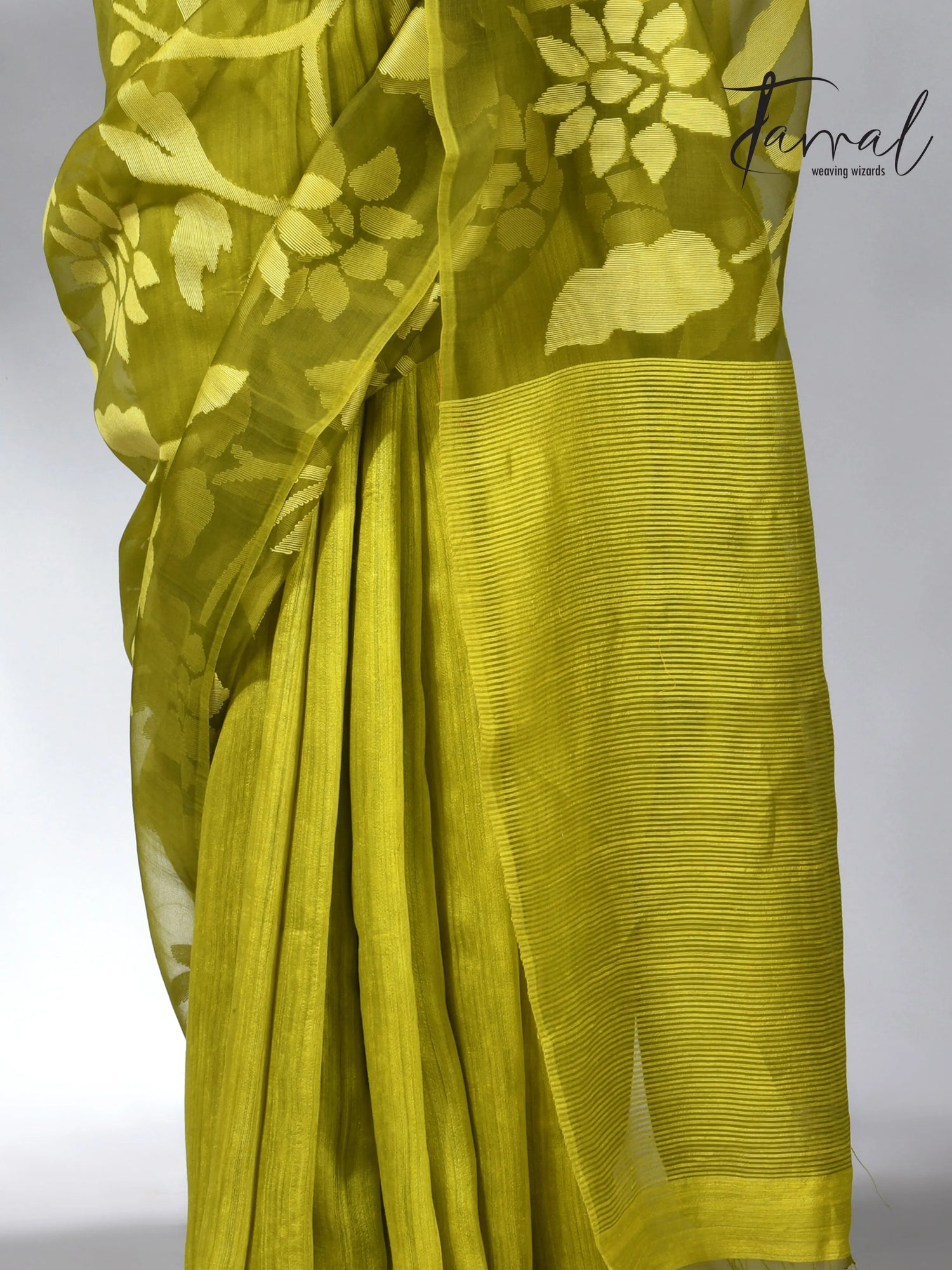 Lemon Green half & matka muslin silk handwoven jamdani saree