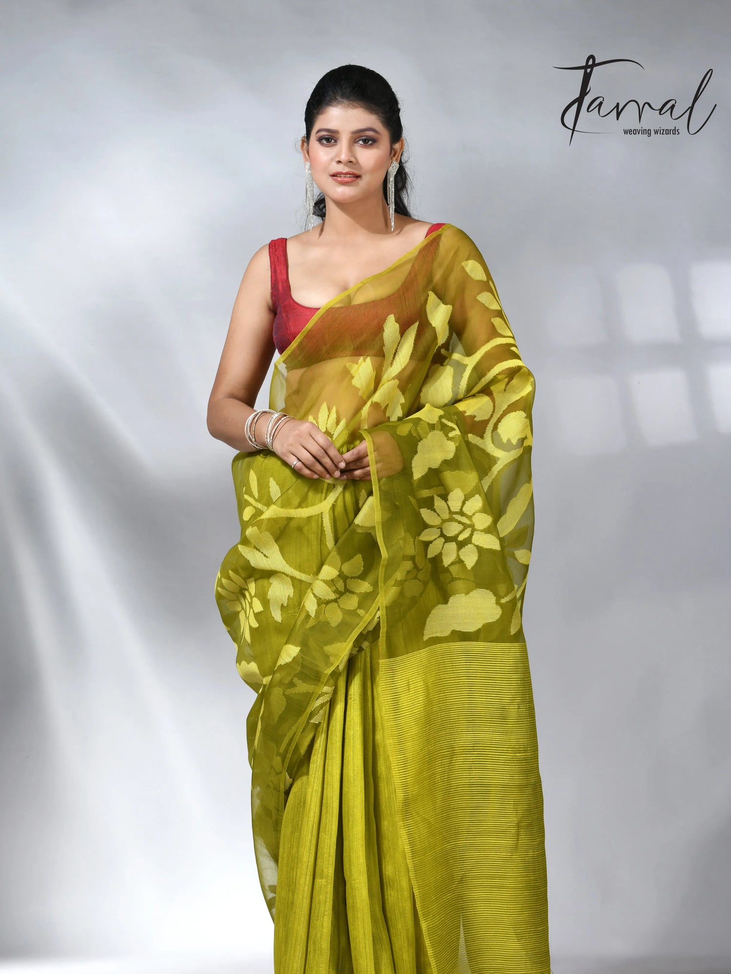 Lemon Green half & matka muslin silk handwoven jamdani saree