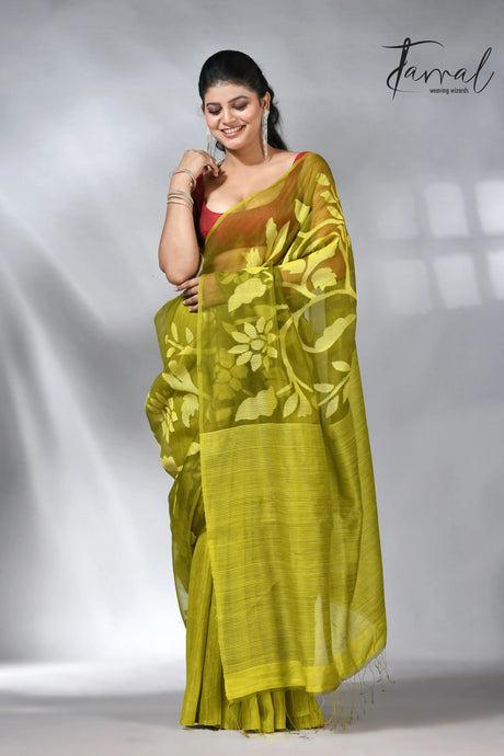 Lemon Green half & matka muslin silk handwoven jamdani saree