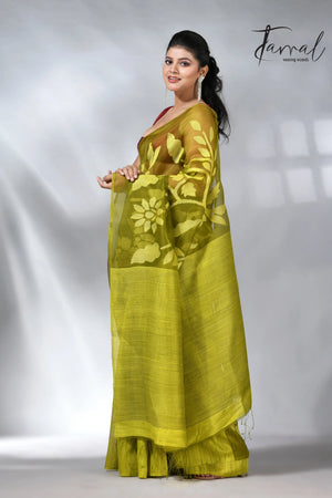 Lemon Green half & matka muslin silk handwoven jamdani saree
