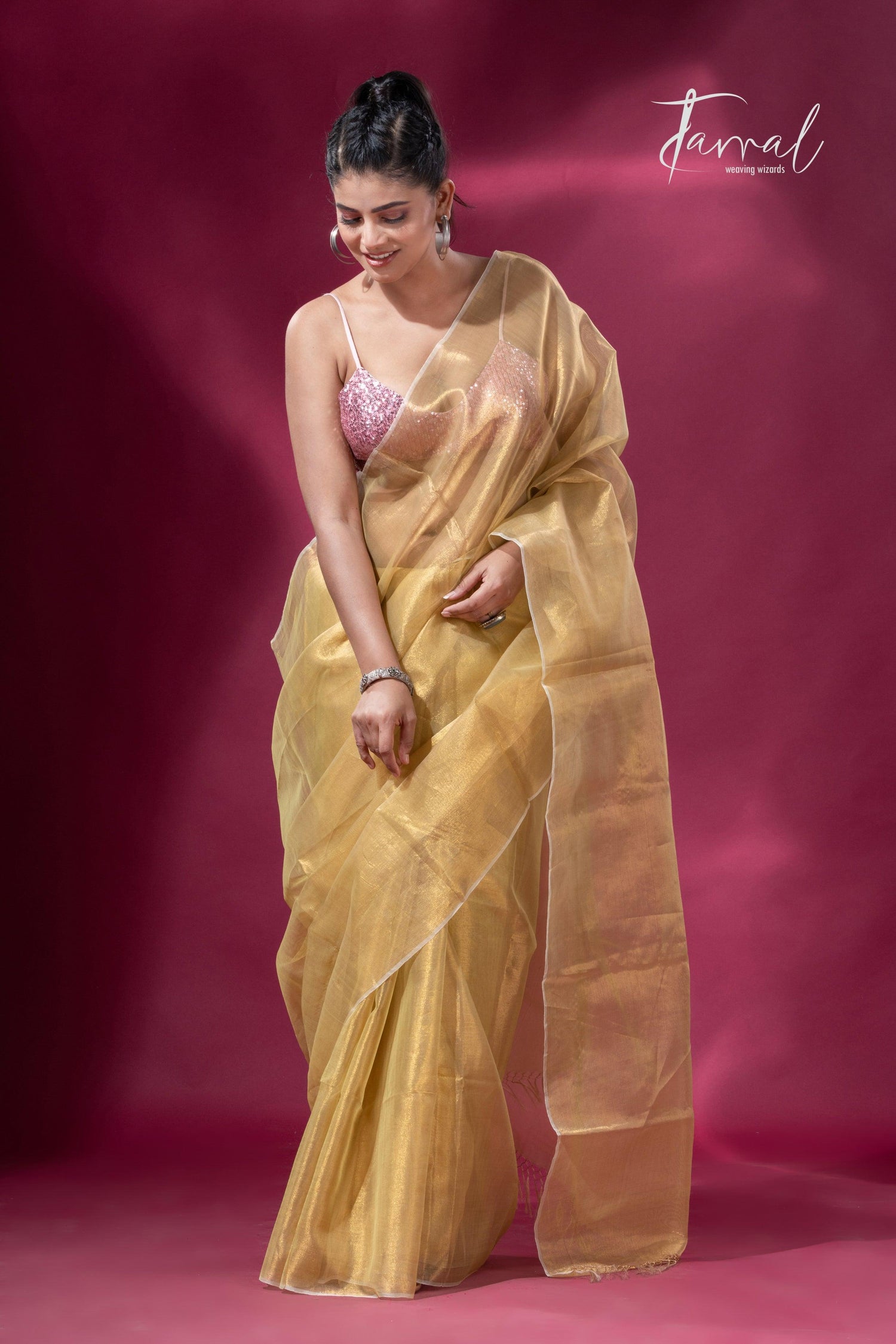 Lemon yellow organza silk tissue handloom saree - Tamal Boutique