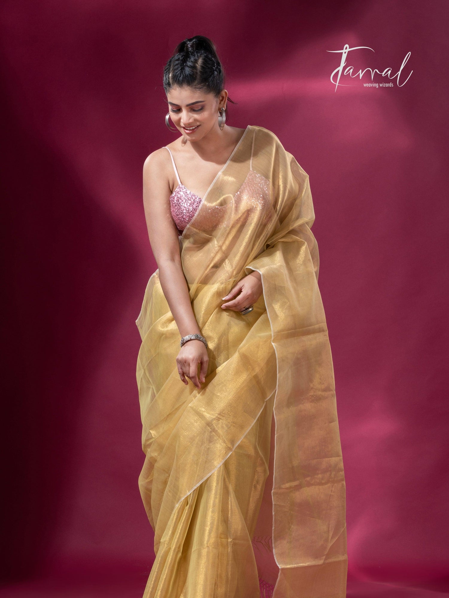 Lemon yellow organza silk tissue handloom saree - Tamal Boutique
