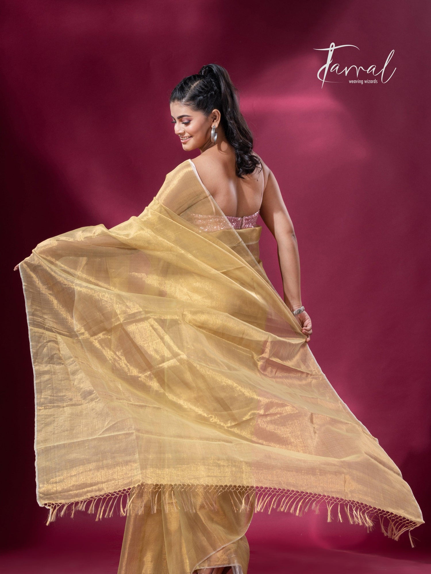 Lemon yellow organza silk tissue handloom saree - Tamal Boutique