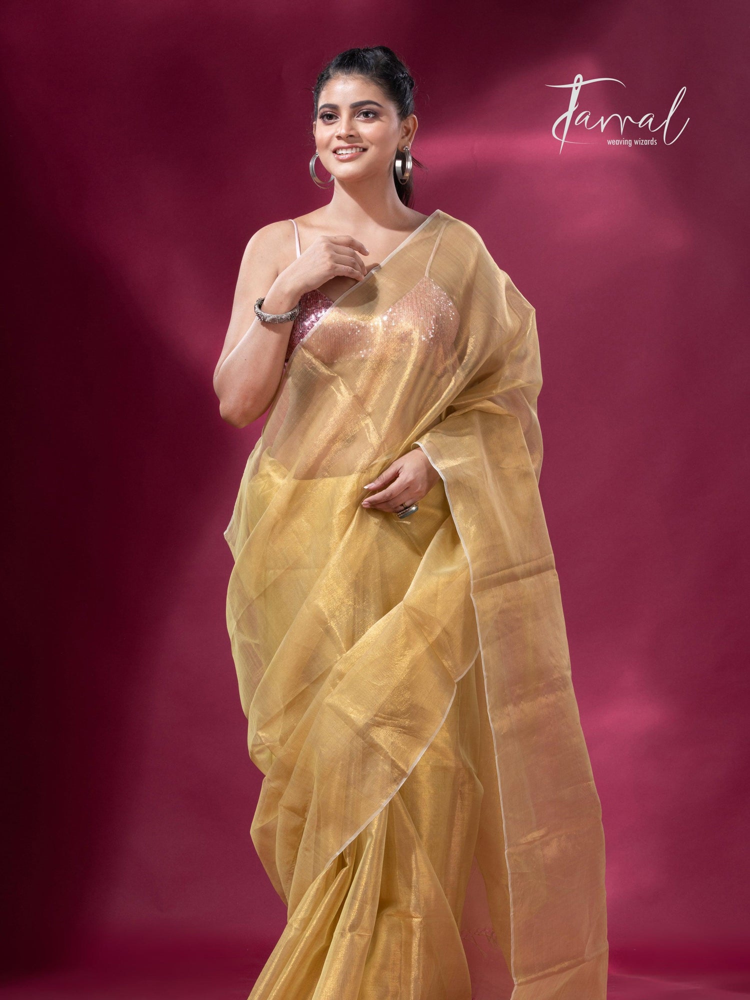 Lemon yellow organza silk tissue handloom saree - Tamal Boutique