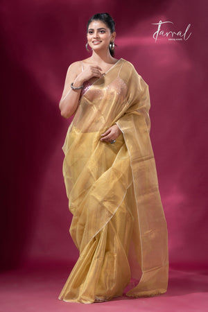 Lemon yellow organza silk tissue handloom saree - Tamal Boutique
