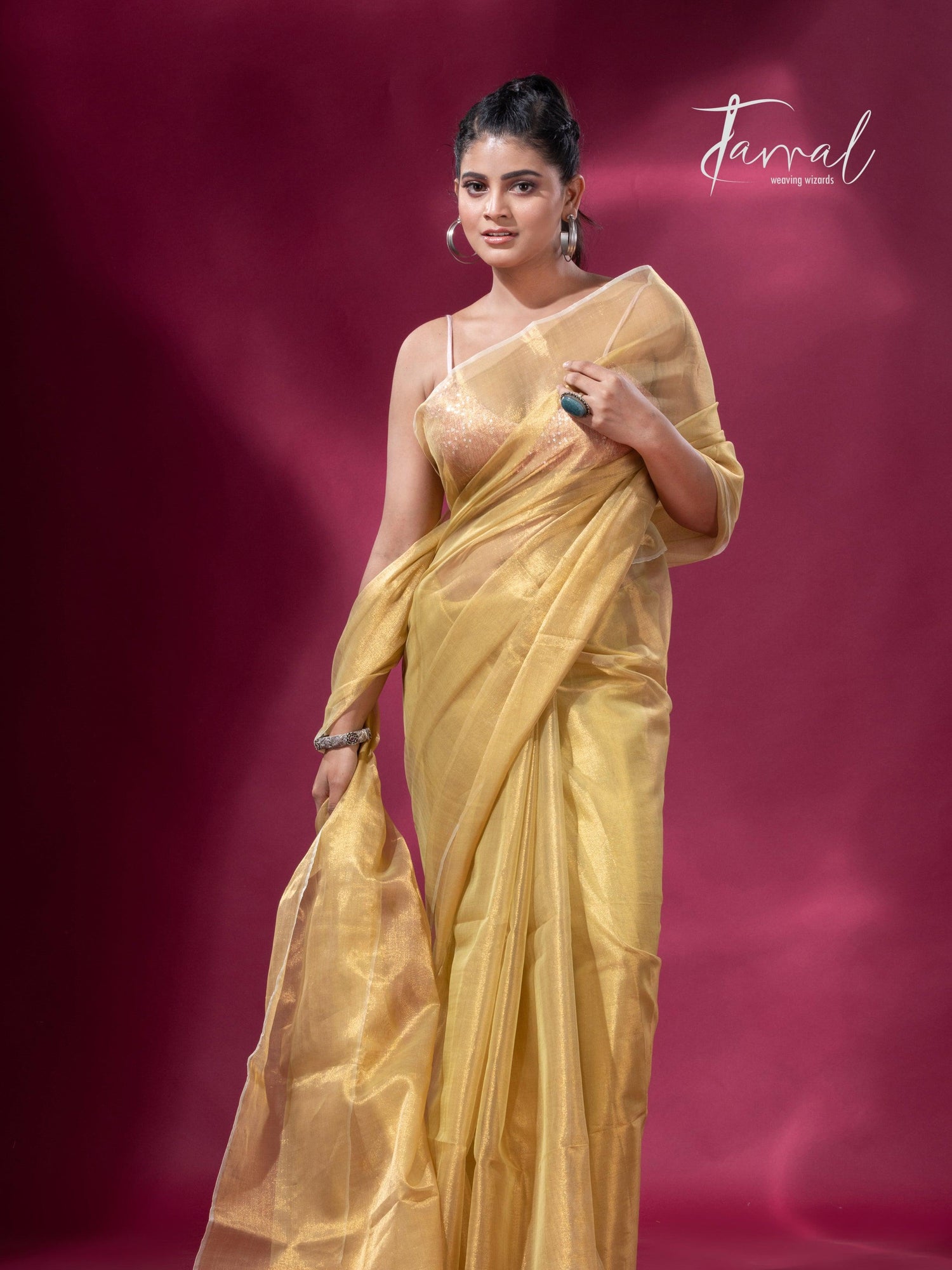 Lemon yellow organza silk tissue handloom saree - Tamal Boutique