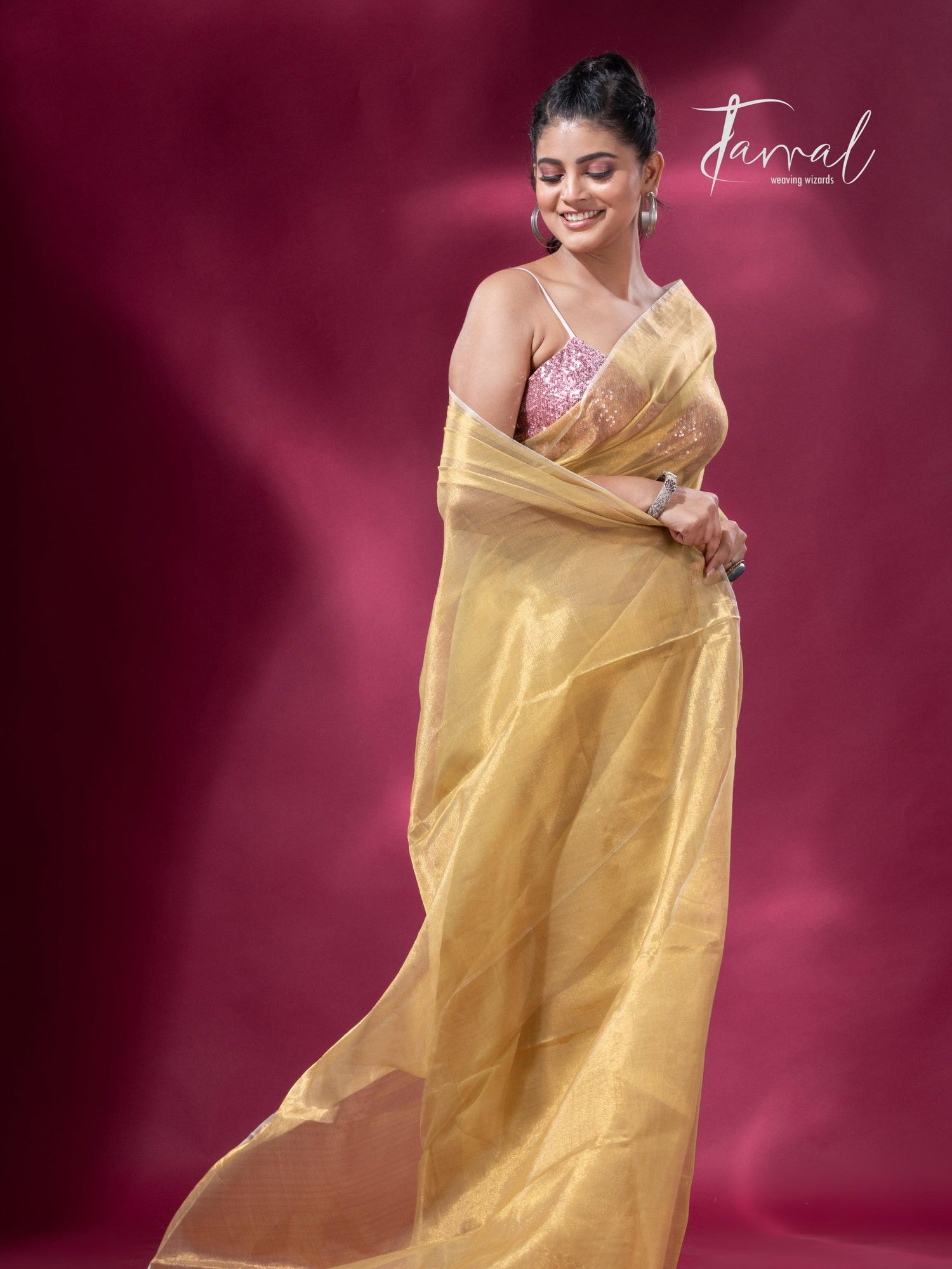 Lemon yellow organza silk tissue handloom saree - Tamal Boutique