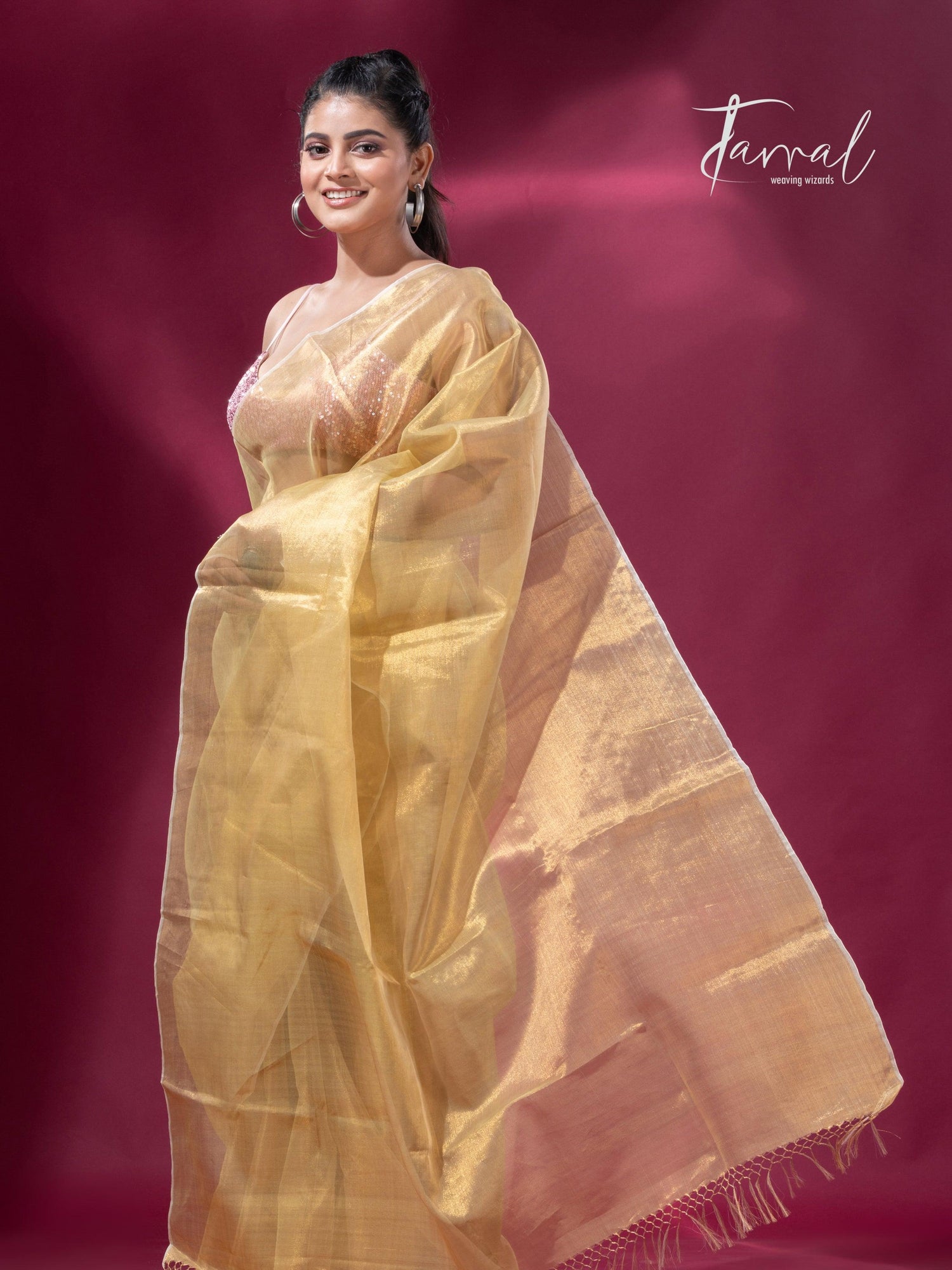 Lemon yellow organza silk tissue handloom saree - Tamal Boutique