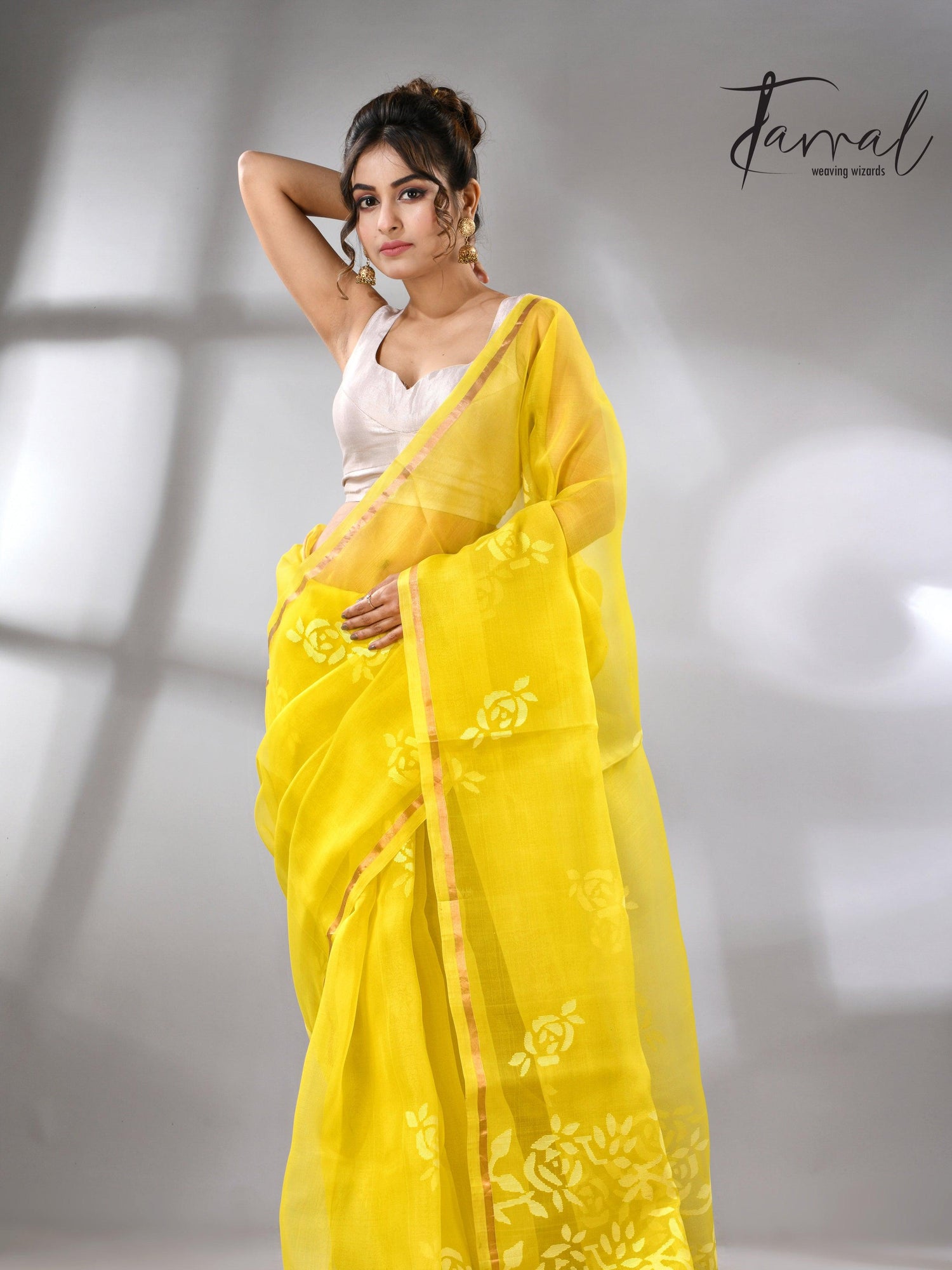 Lemon yellow with white rose motifs handwoven jamdani in muslin silk saree - Tamal Boutique