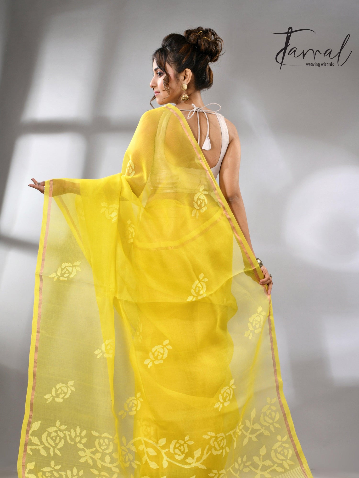 Lemon yellow with white rose motifs handwoven jamdani in muslin silk saree - Tamal Boutique