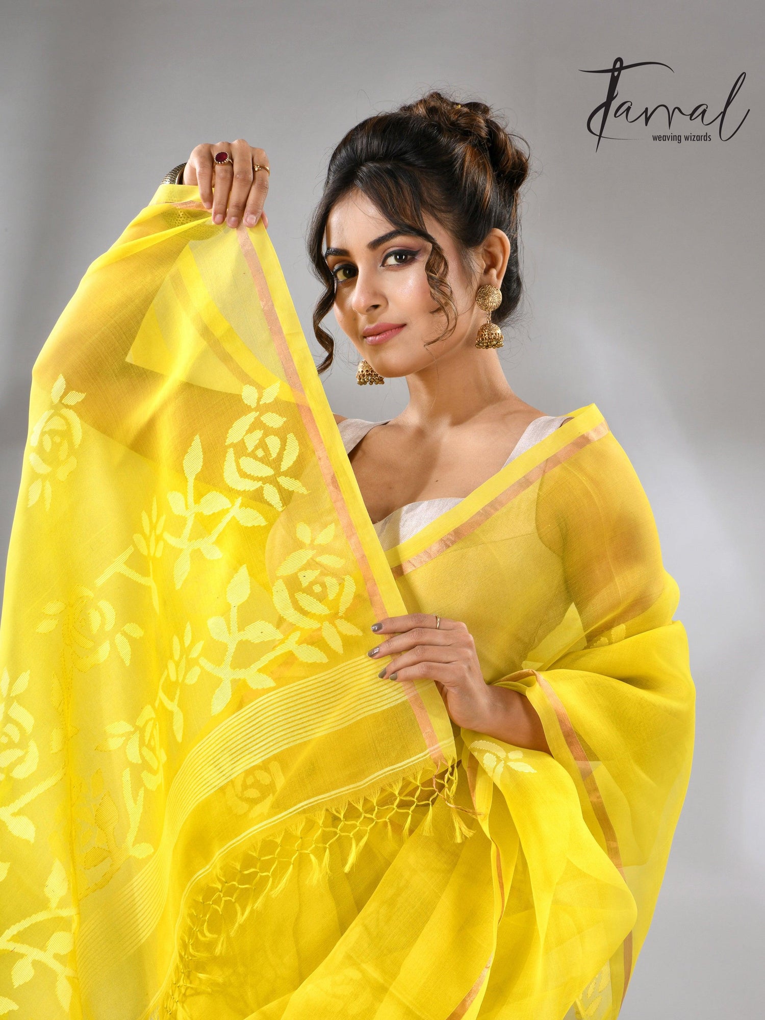 Lemon yellow with white rose motifs handwoven jamdani in muslin silk saree - Tamal Boutique