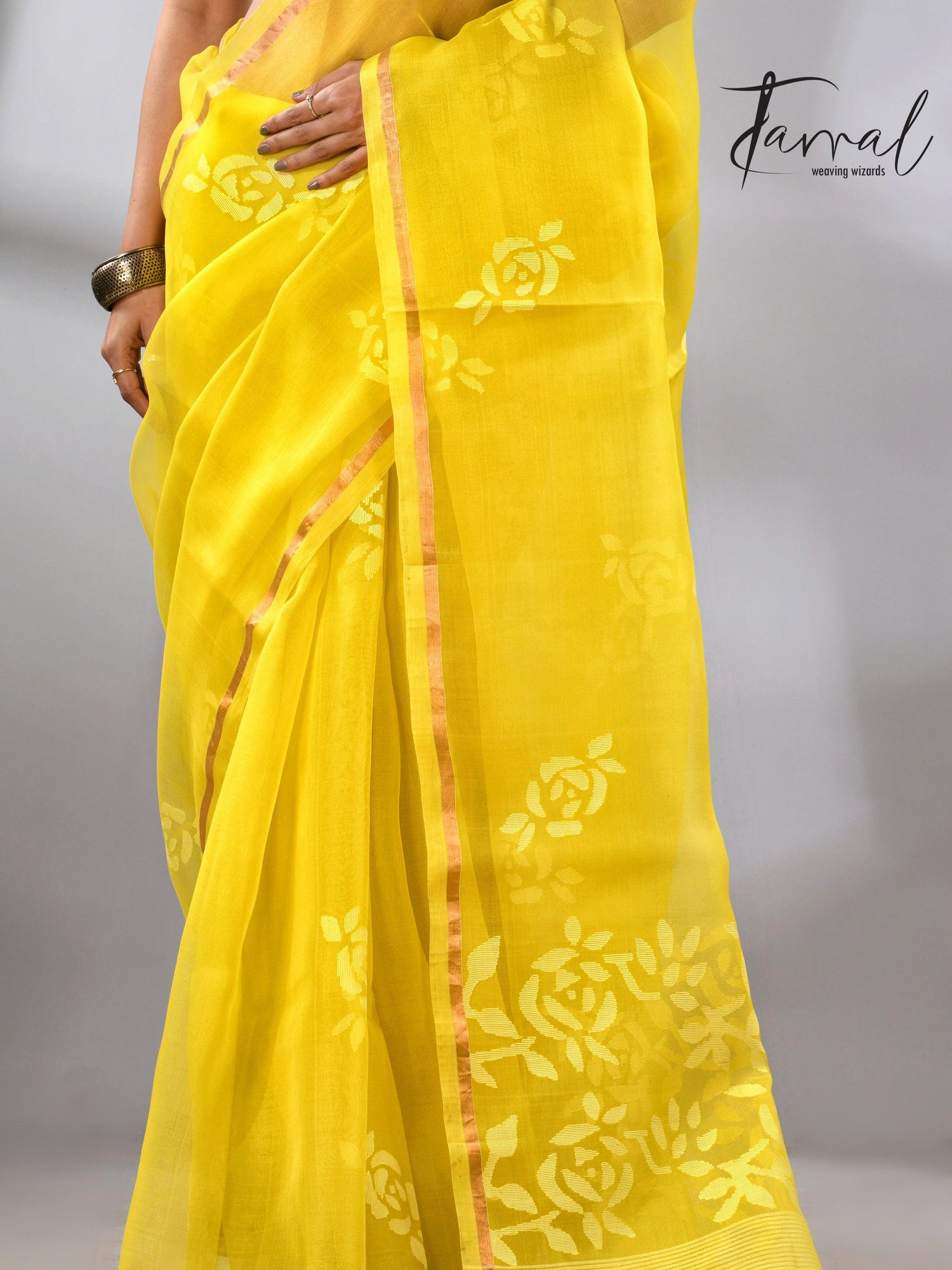 Lemon yellow with white rose motifs handwoven jamdani in muslin silk saree - Tamal Boutique