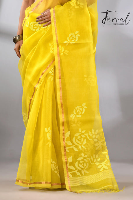 Lemon yellow with white rose motifs handwoven jamdani in muslin silk saree - Tamal Boutique