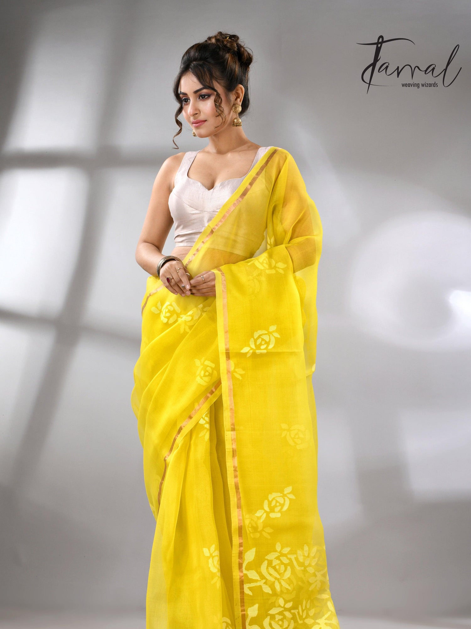 Lemon yellow with white rose motifs handwoven jamdani in muslin silk saree - Tamal Boutique