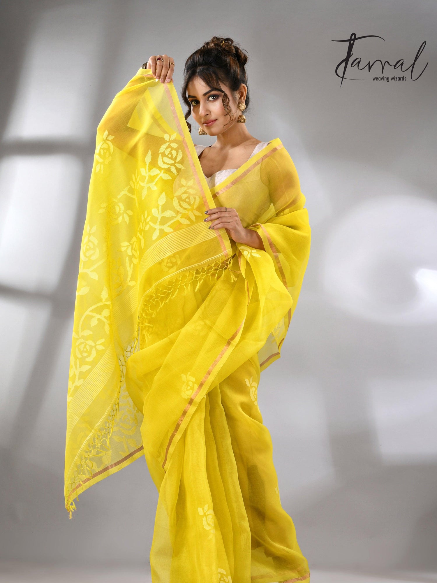 Lemon yellow with white rose motifs handwoven jamdani in muslin silk saree - Tamal Boutique