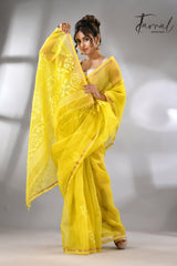 Lemon yellow with white rose motifs handwoven jamdani in muslin silk saree - Tamal Boutique