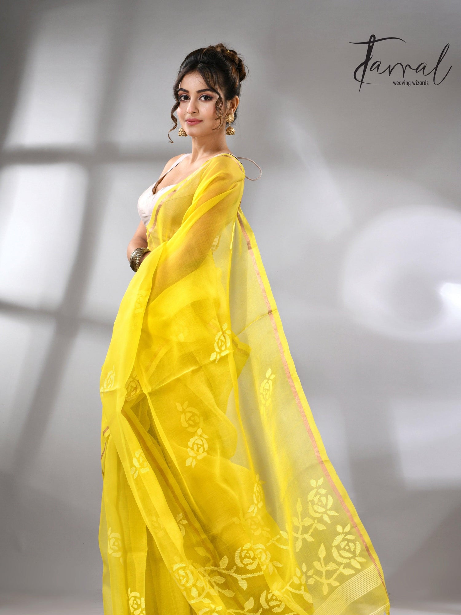 Lemon yellow with white rose motifs handwoven jamdani in muslin silk saree - Tamal Boutique