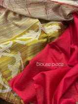 Lemon yellow with white floral matka silk handwoven jamdani saree - Tamal Boutique