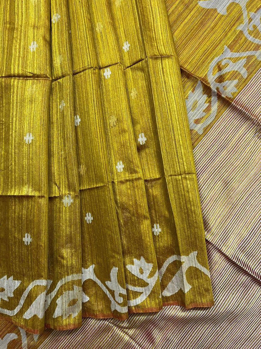 Lemon yellow with white floral matka silk handwoven jamdani saree - Tamal Boutique