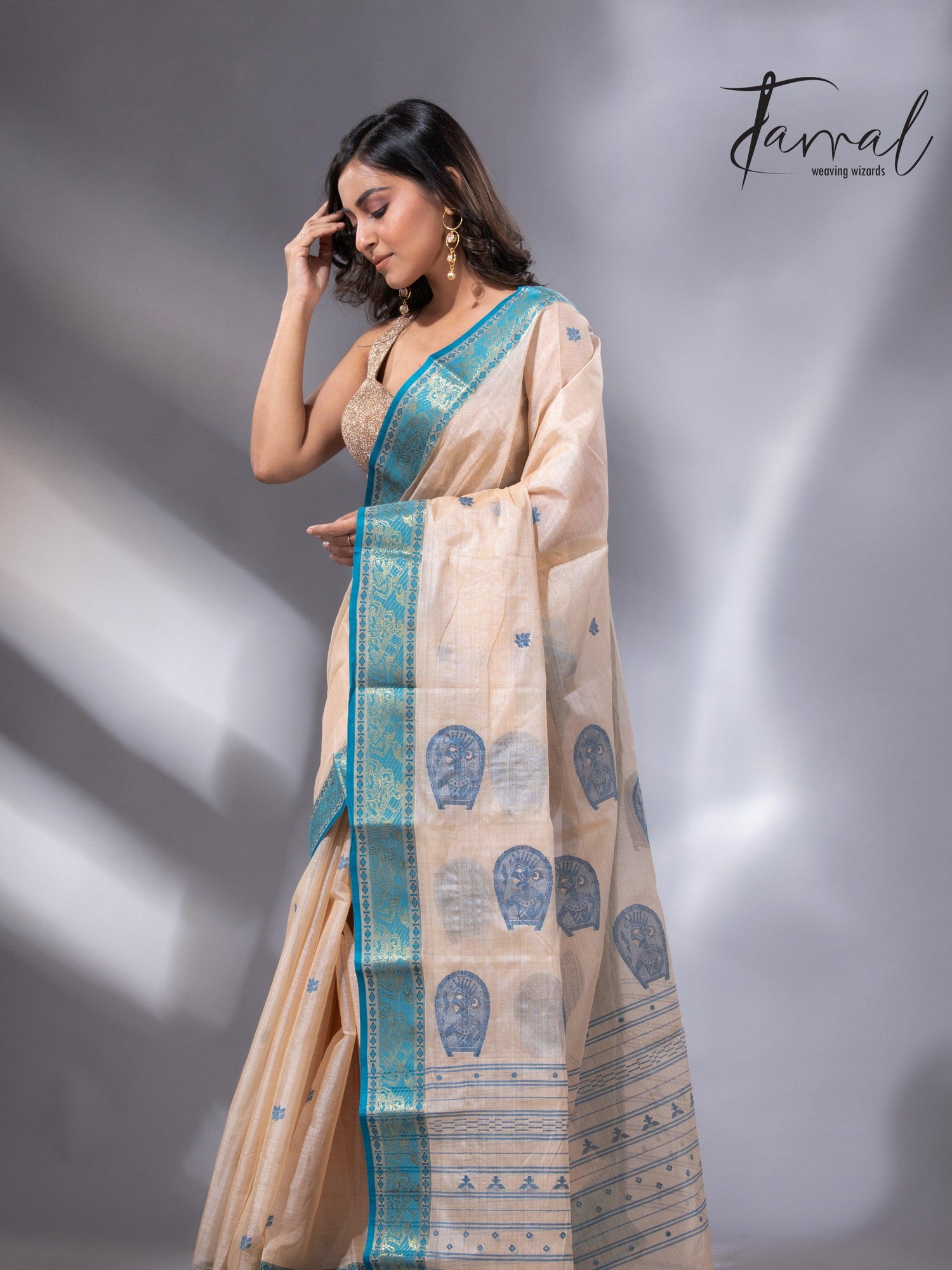 Light Cream Tangail Tussar Handloom Saree with Firoza