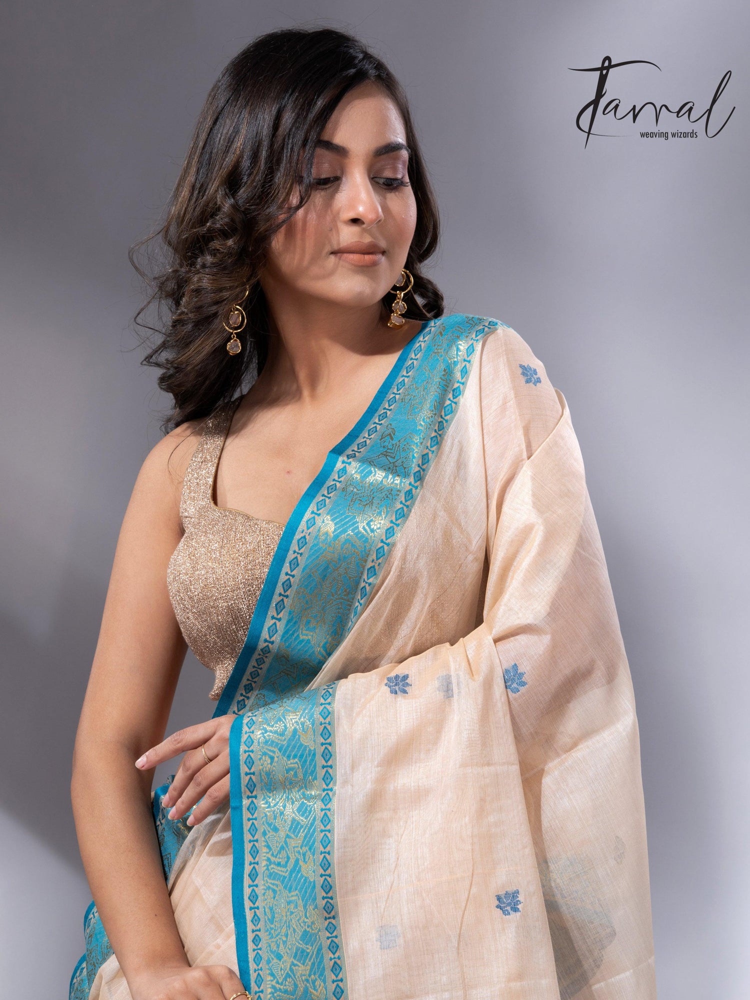 Light Cream Tangail Tussar Handloom Saree with Firoza1