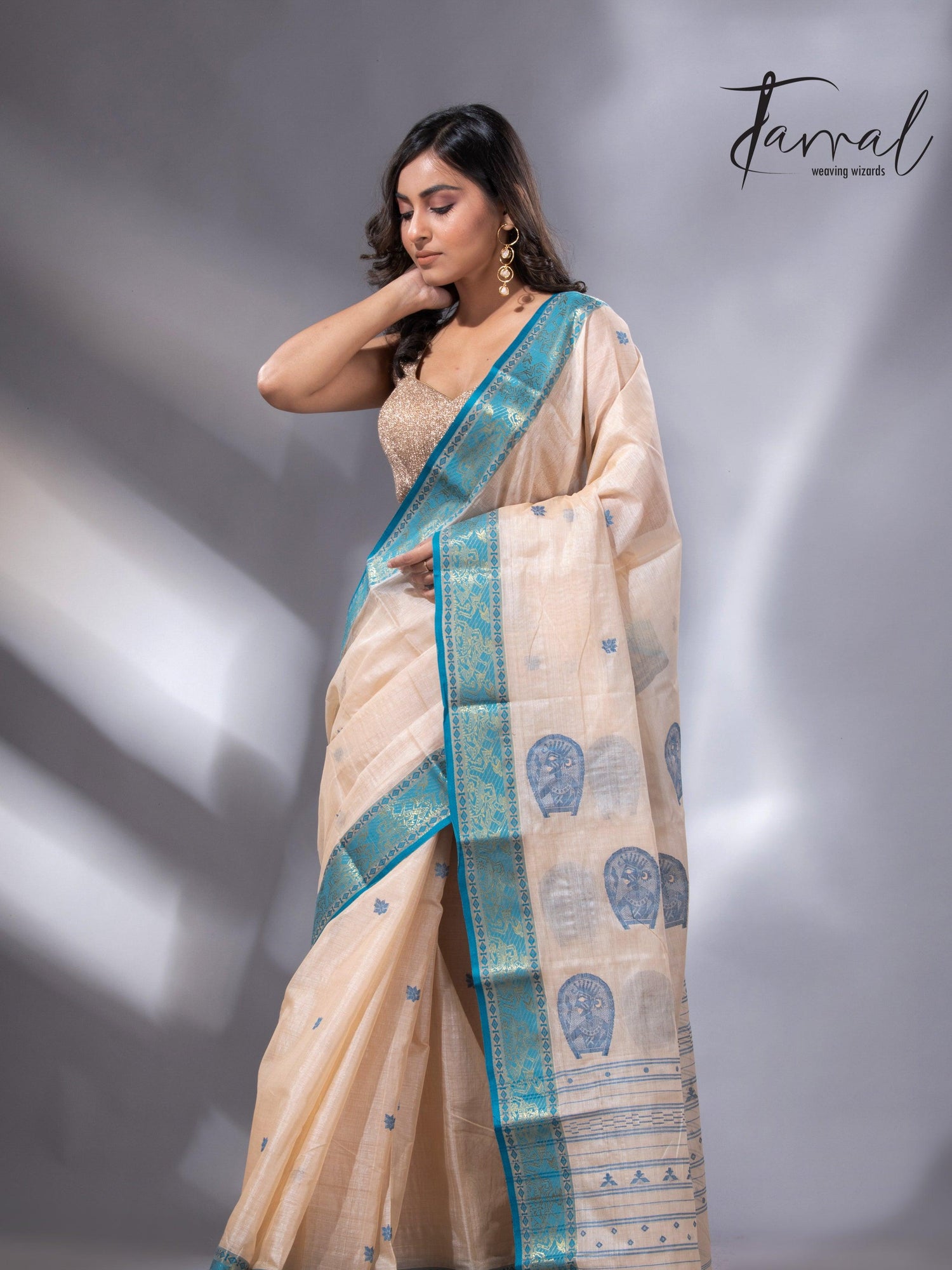 Light Cream Tangail Tussar Handloom Saree with Firoza2