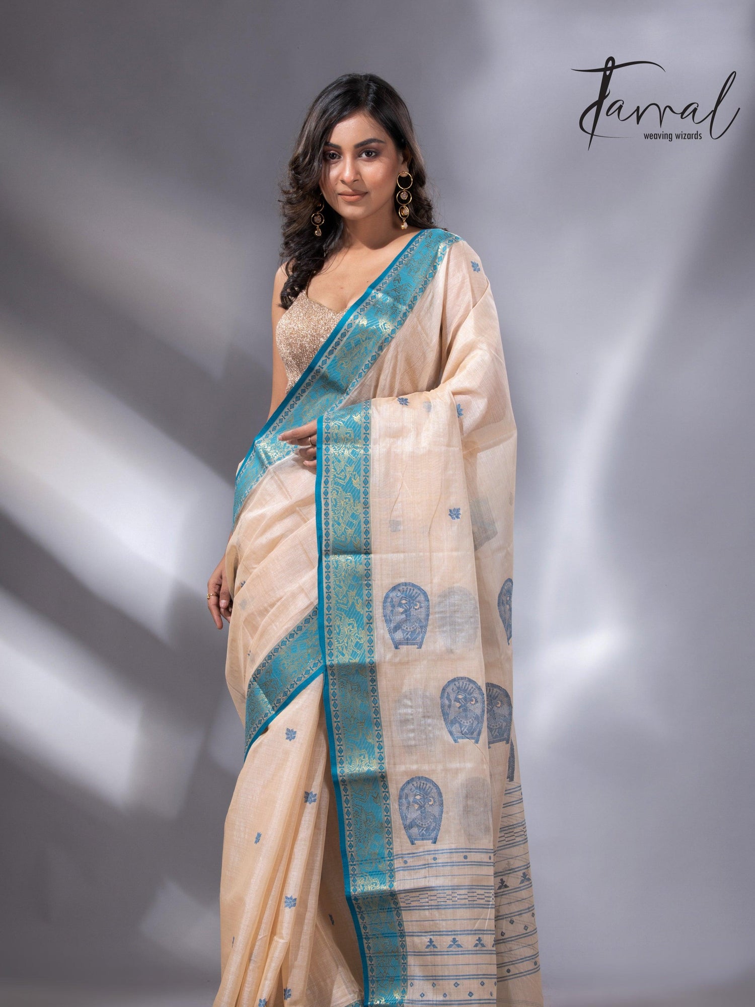 Light Cream Tangail Tussar Handloom Saree with Firoza3