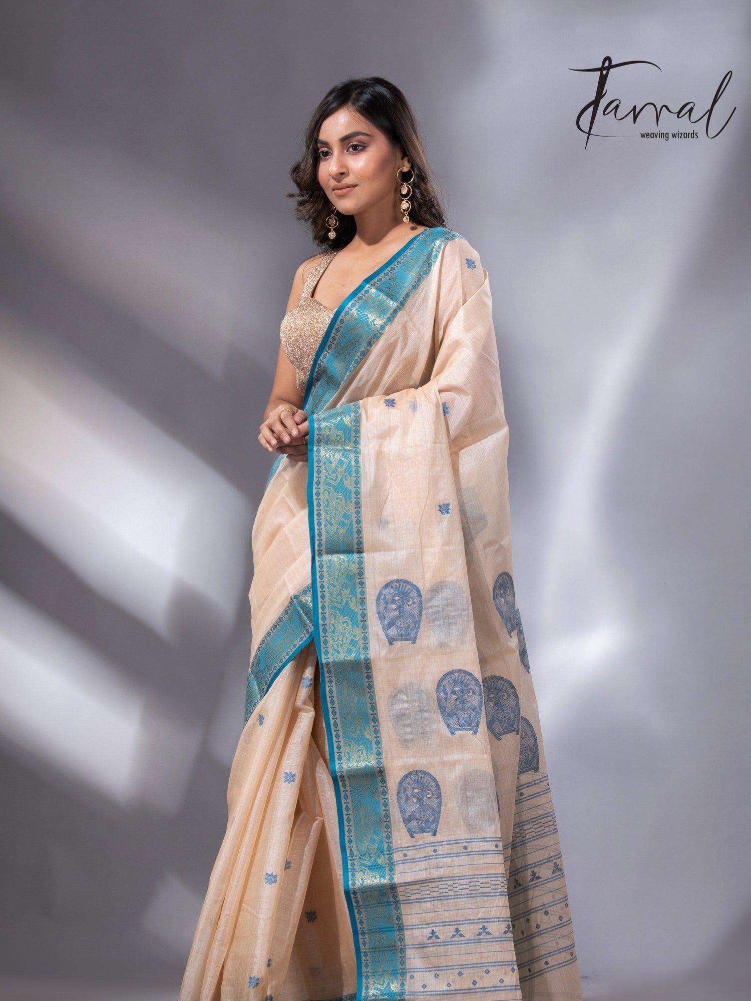 Light Cream Tangail Tussar Handloom Saree with Firoza4