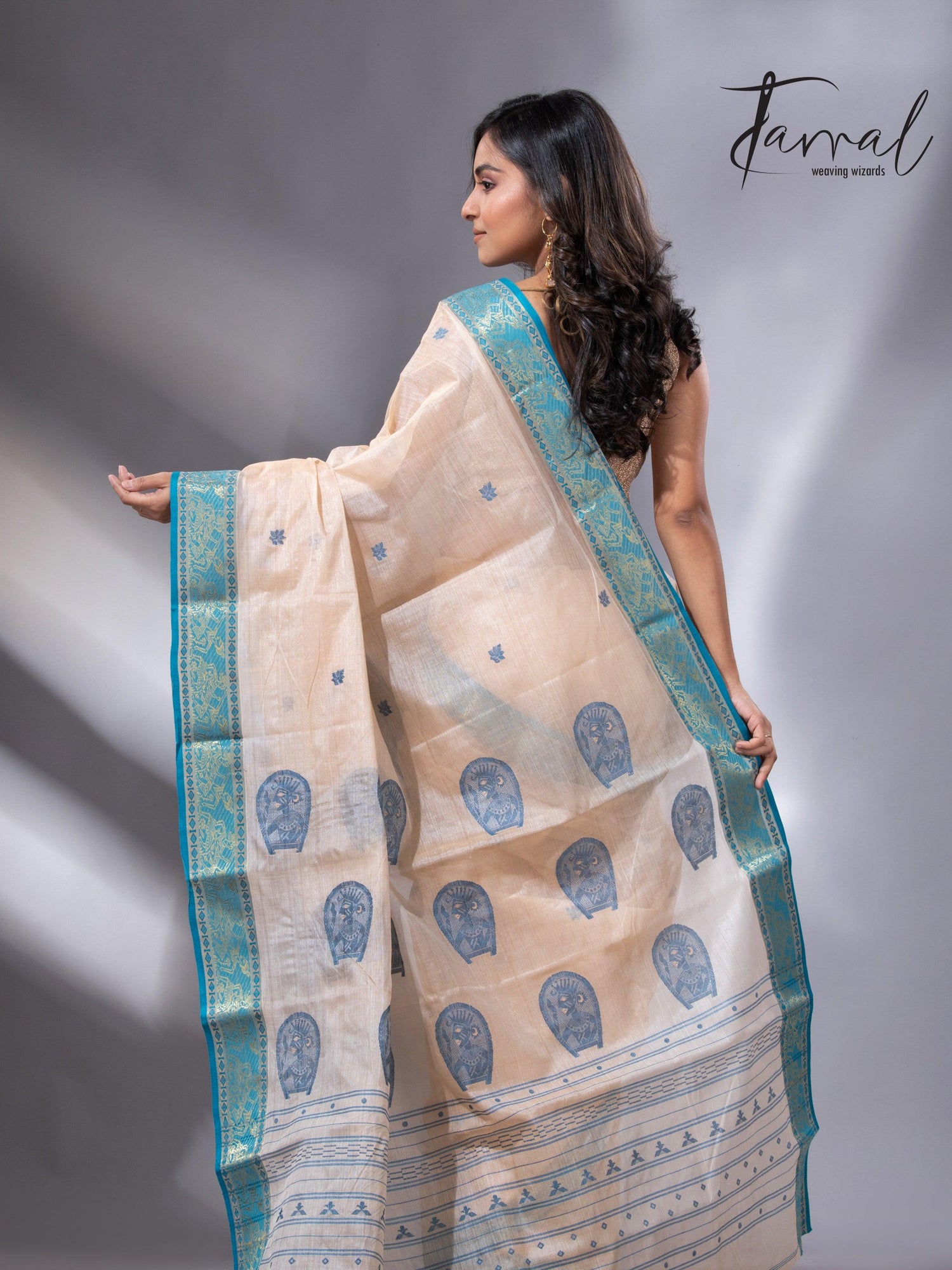 Light Cream Tangail Tussar Handloom Saree with Firoza back