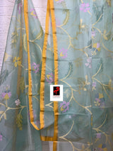 Light Firoza with yellow border allover hibiscus & other floral motifs handwoven jamdani saree in muslin silk - Tamal Boutique