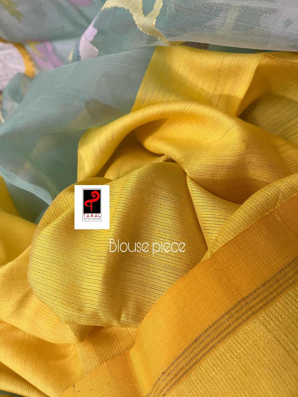 Light Firoza with yellow border allover hibiscus & other floral motifs handwoven jamdani saree in muslin silk - Tamal Boutique