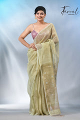 Light Olive green tisue silk linen handwoven jamdani saree