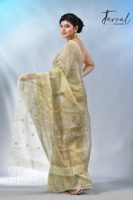 Light Olive green tisue silk linen handwoven jamdani saree