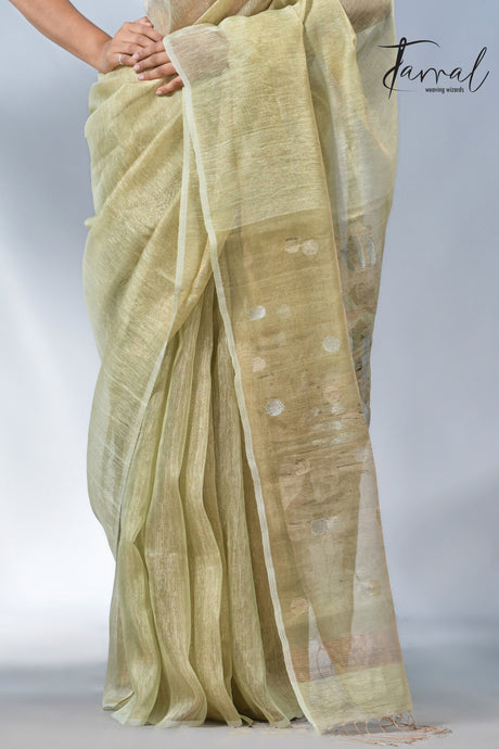 Light Olive green tisue silk linen handwoven jamdani saree