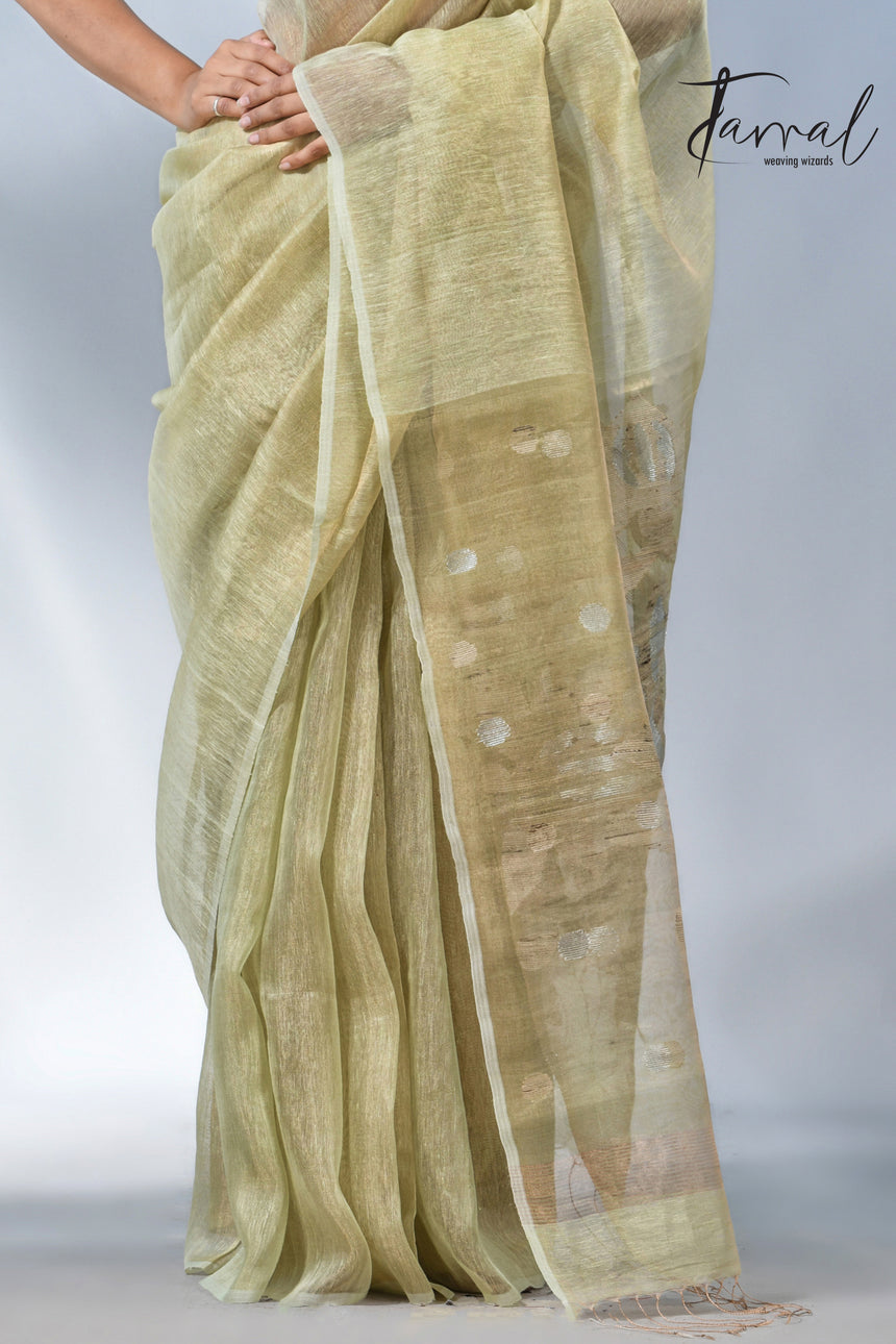 Light Olive green tisue silk linen handwoven jamdani saree