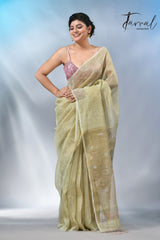 Light Olive green tisue silk linen handwoven jamdani saree
