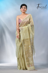 Light Olive green tisue silk linen handwoven jamdani saree