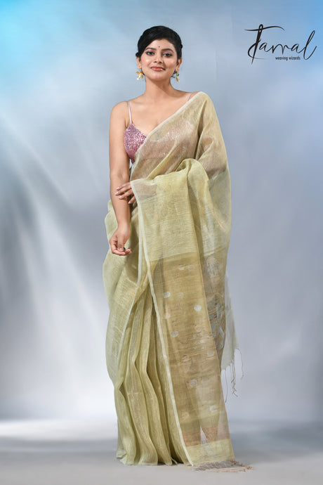 Light Olive green tisue silk linen handwoven jamdani saree
