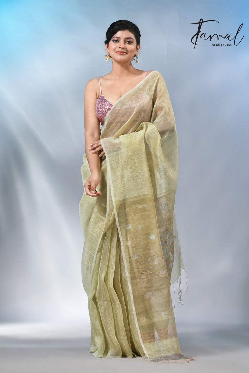 Light Olive green tisue silk linen handwoven jamdani saree
