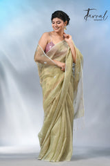 Light Olive green tisue silk linen handwoven jamdani saree